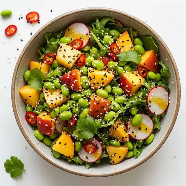 Korean Sesame Chili Fresh Peach & Edamame Salad With Citrus Dressing